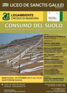 Mercoledì 18 ottobre, Legambiente e il Liceo De Sanctis-Galilei di Manduria presentano: “Consumo Di Suolo, Dinamiche Territoriali e Servizi Ecosistemici”.